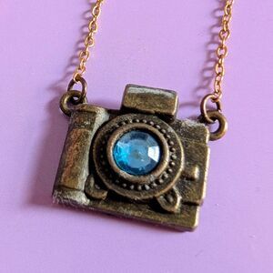 Retro Y2k Camera Rhinestone Bronze Pendant Necklace